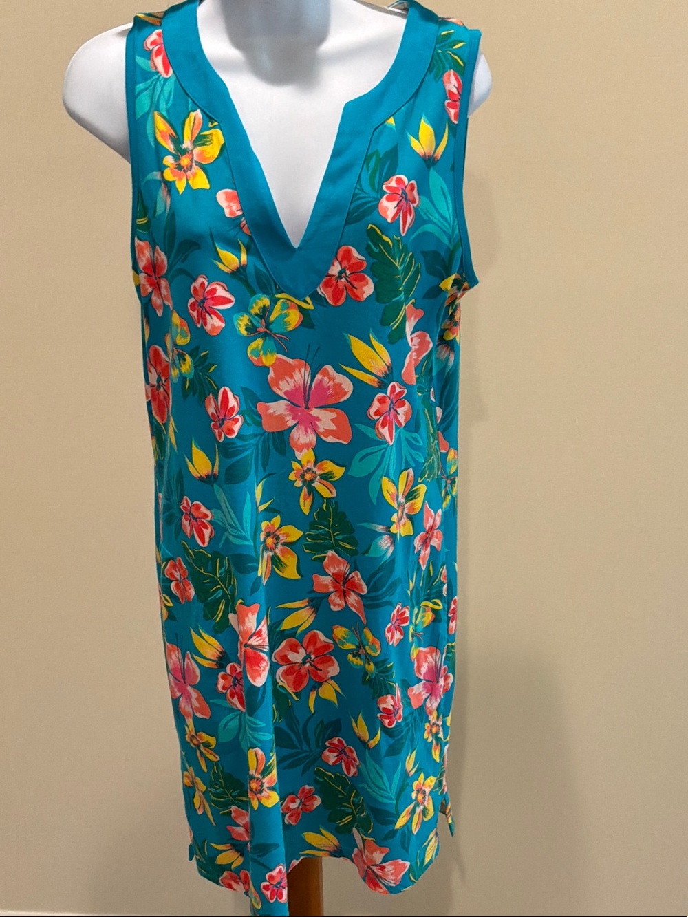 Lands' End Teal Tropical Floral V-Neck Swim Coverup sleeveless dress size S(6-8)